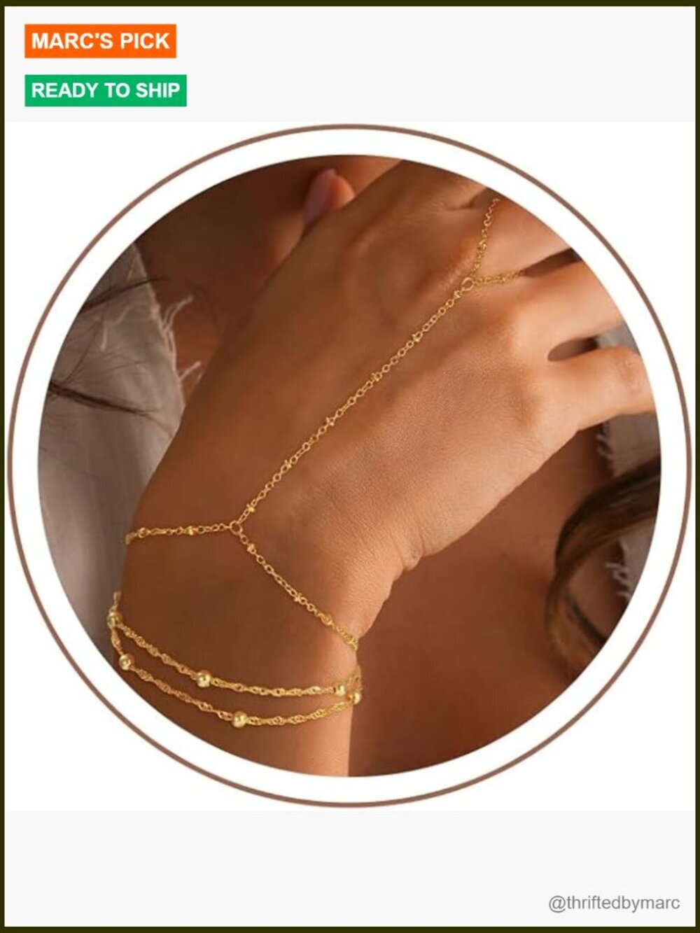 Dainty Paperclip Link Hand Chain, Adjustable Ring Bracelet 14K Gold Plated